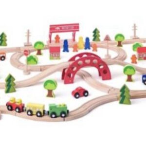 סט רכבת עץ עם גשר ותחנה